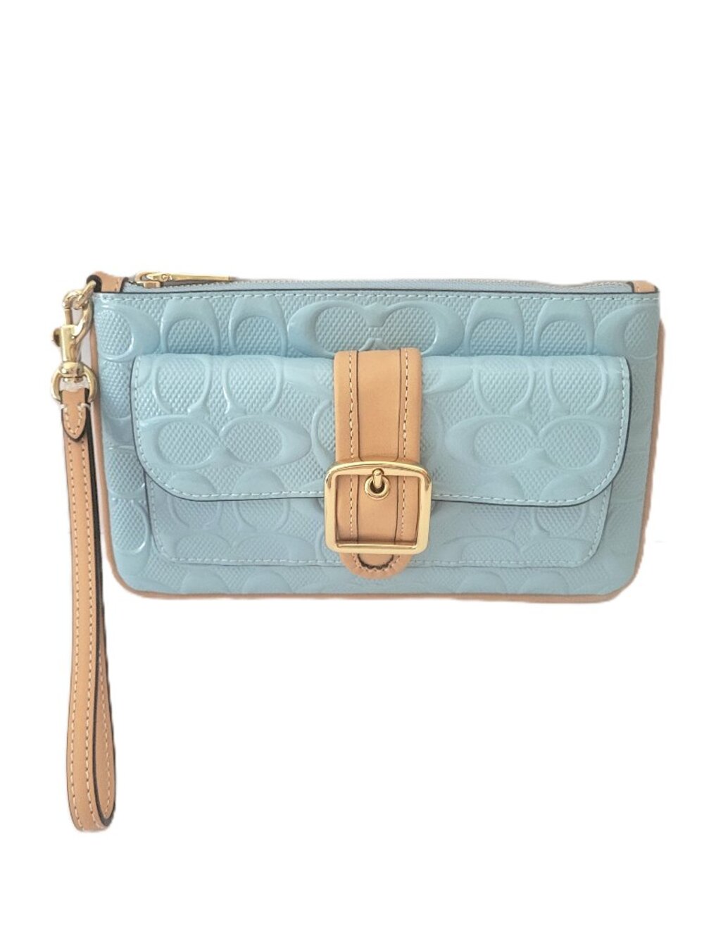 Coach CEN12 Ashton Wristlet Debossed Signature Patent Clutch Wallet Light Blue